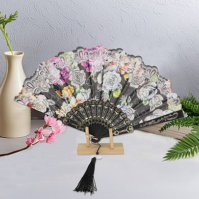 Rose Print with Tassel Folding Fan 1 Pc