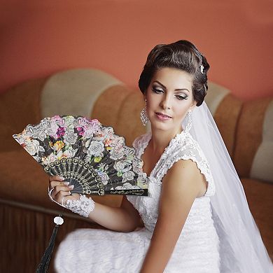 Rose Print with Tassel Folding Fan 1 Pc