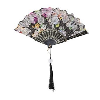Rose Print with Tassel Folding Fan 1 pc