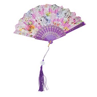 Rose Print with Tassel Folding Fan 1 pc