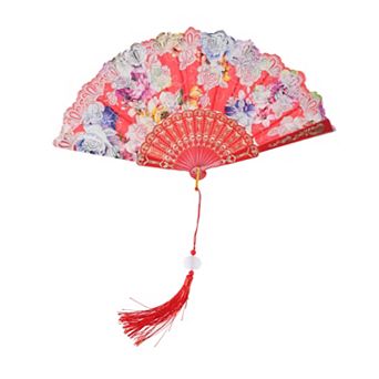 Rose Print with Tassel Folding Fan 1 pc