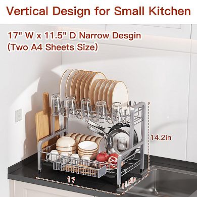 Stainless Steel 2-Tier Dish Drying Rack with Drainboard