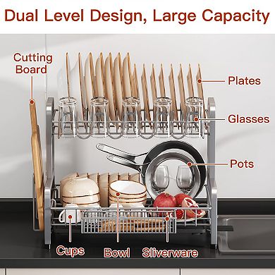 Stainless Steel 2-Tier Dish Drying Rack with Drainboard