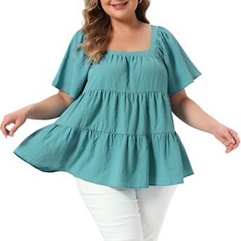 Women's Plus Size Summer Tops Square Neck Short Sleeve Babydoll Loose Flowy Swing Peplum Blouses