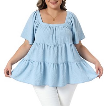 Women's Plus Size Summer Tops Square Neck Short Sleeve Babydoll Loose Flowy Swing Peplum Blouses