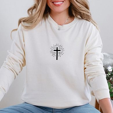 He Is Risen Cross Mini Front and Sleeve Design - Women's Garment Dyed Long Sleeve Graphic T-Shirt