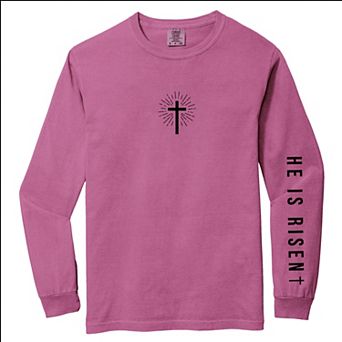 He Is Risen Cross Mini Front and Sleeve Design - Women's Garment Dyed Long Sleeve Graphic T-Shirt