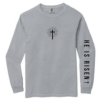 He Is Risen Cross Mini Front and Sleeve Design - Women's Garment Dyed Long Sleeve Graphic T-Shirt