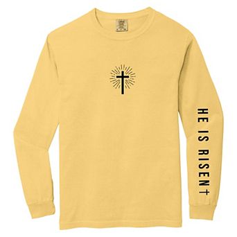 He Is Risen Cross Mini Front and Sleeve Design - Women's Garment Dyed Long Sleeve Graphic T-Shirt