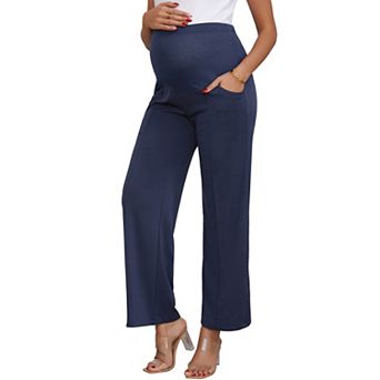 Women's High Stretchy Maternity Pants Over the Belly Wide Leg Loose Pregnancy Pants with Pockets