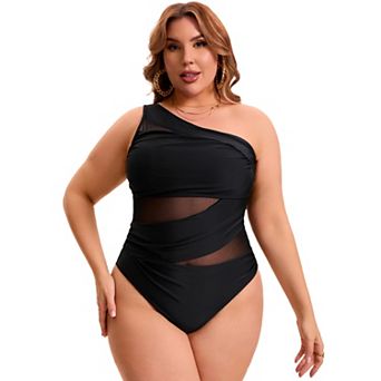 Women's Plus Size 1 pc Swimsuit See Through Mesh One Shoulder Tummy Control Cut Out Swimwear