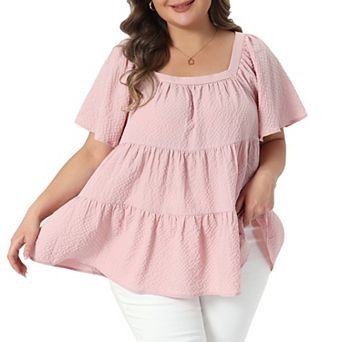 Women's Plus Size Summer Tops Square Neck Short Sleeve Babydoll Loose Flowy Swing Peplum Blouses