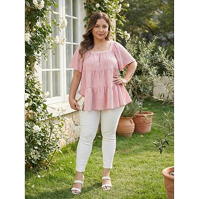 Women's Plus Size Summer Tops Square Neck Short Sleeve Babydoll Loose Flowy Swing Peplum Blouses