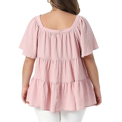 Women's Plus Size Summer Tops Square Neck Short Sleeve Babydoll Loose Flowy Swing Peplum Blouses