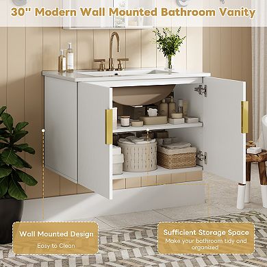 Merax 30" Vintage Bathroom Vanity with Ceramic Sink, with 3 Holes Single Ceramic Sink