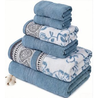 6 pc Set, 2 Bath Towels, 2 Hand Towels, 2 Washcloths Yarn Dyed Jacquard/Solid Towel Set