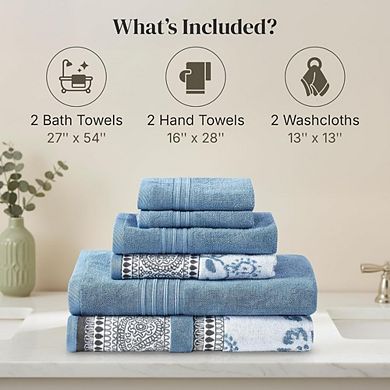 6 Piece Set, 2 Bath Towels, 2 Hand Towels, 2 Washcloths Yarn Dyed Jacquard/Solid Towel Set