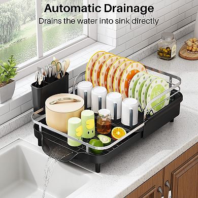 Expandable Kitchen Dish Rack with Raised Guardrails, Rust-Resistant, and Utensil Holder