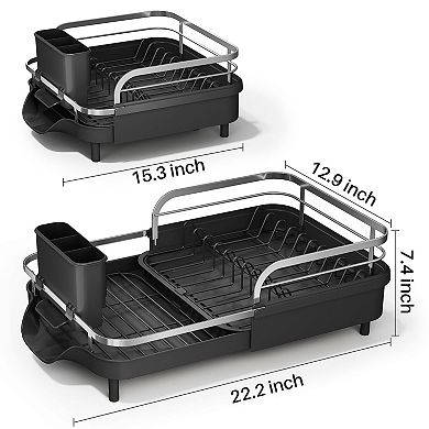 Expandable Kitchen Dish Rack with Raised Guardrails, Rust-Resistant, and Utensil Holder