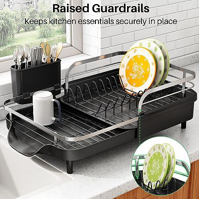 Expandable Kitchen Dish Rack with Raised Guardrails, Rust-Resistant, and Utensil Holder