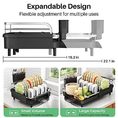 Expandable Kitchen Dish Rack with Raised Guardrails, Rust-Resistant, and Utensil Holder