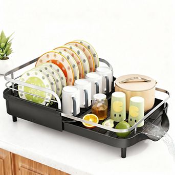 Expandable Kitchen Dish Rack with Raised Guardrails, Rust-Resistant, and Utensil Holder