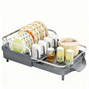 Expandable Kitchen Dish Rack with Raised Guardrails, Rust-Resistant, and Utensil Holder