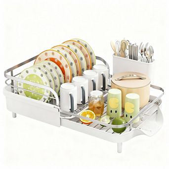 Expandable Kitchen Dish Rack with Raised Guardrails, Rust-Resistant, and Utensil Holder