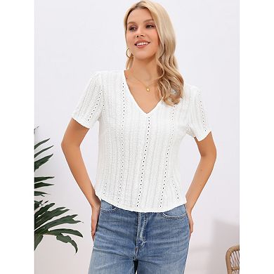 Knit Tops for Women V Neck Texture Short Sleeves Button Down Casual Blouse