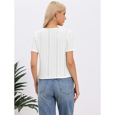 Knit Tops for Women V Neck Texture Short Sleeves Button Down Casual Blouse