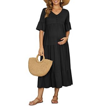 Women's Maternity Maxi Dress Short Sleeves Ruffled Sleeve Pregnancy Dresses Photoshoot Flowy Casual