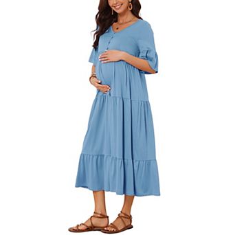 Women's Maternity Maxi Dress Short Sleeves Ruffled Sleeve Pregnancy Dresses Photoshoot Flowy Casual