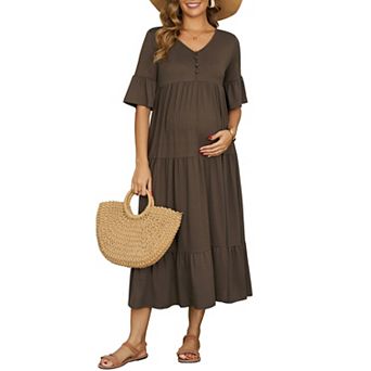 Women's Maternity Maxi Dress Short Sleeves Ruffled Sleeve Pregnancy Dresses Photoshoot Flowy Casual