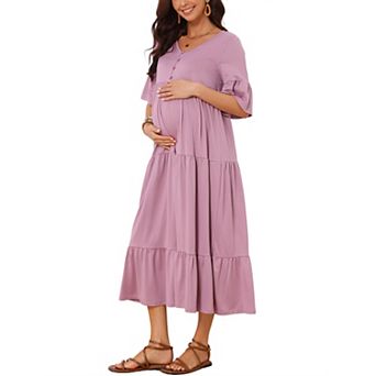 Women's Maternity Maxi Dress Short Sleeves Ruffled Sleeve Pregnancy Dresses Photoshoot Flowy Casual