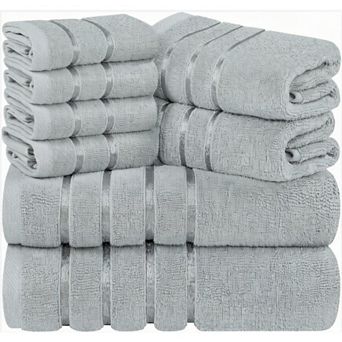 8 pc Luxury Towel Set: 2 Bath, 2 Hand, 4 Wash Cloths, Highly Absorbent, Cool Grey