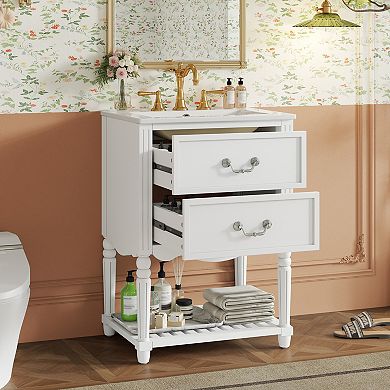 Merax 24'' Bathroom Vanity with Ceramic Sink, Bathroom Cabinet with Two Drawers and an Open Shelf