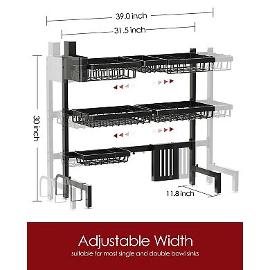 Stainless Steel Over-the-Sink Dish Rack with Adjustable Width and Multiple Storage