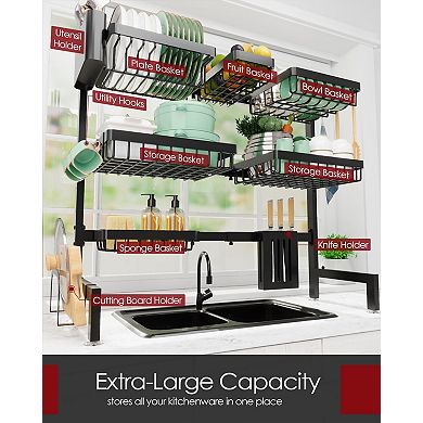 Stainless Steel Over-the-Sink Dish Rack with Adjustable Width and Multiple Storage