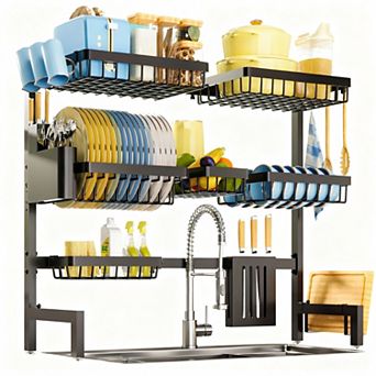 Stainless Steel Over-the-Sink Dish Rack with Adjustable Width and Multiple Storage