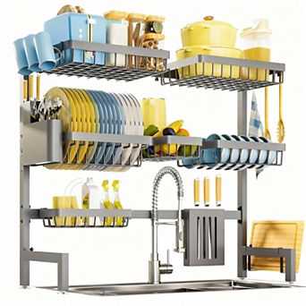 Stainless Steel Over-the-Sink Dish Rack with Adjustable Width and Multiple Storage