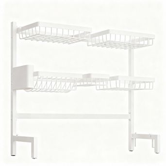 Stainless Steel Over-the-Sink Dish Rack with Adjustable Width and Multiple Storage