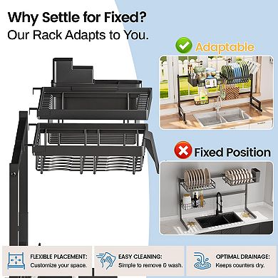 Adjustable Over Sink Dish Rack, 22.6"-35.5"L x 12"W x 19"-22"H, Snap-on Design