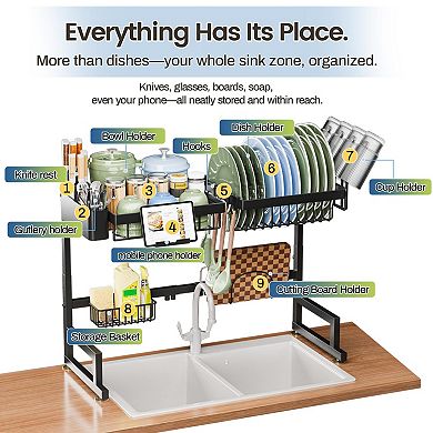 Adjustable Over Sink Dish Rack, 22.6"-35.5"L x 12"W x 19"-22"H, Snap-on Design