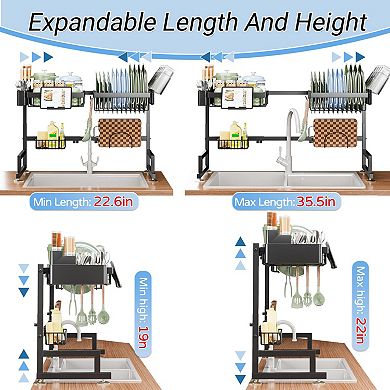 Adjustable Over Sink Dish Rack, 22.6"-35.5"L x 12"W x 19"-22"H, Snap-on Design