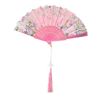 Hot Stamped Floral with Tassel Folding Fan 1 pc