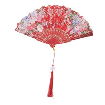 Hot Stamped Floral with Tassel Folding Fan 1 pc