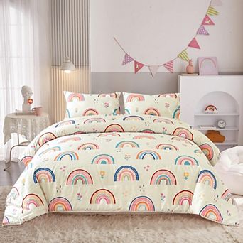 Soft 3D Printed 3 pc Comforter Set with Pillow Shams: Rainbow Hearts, Flowers, Grass for Girls