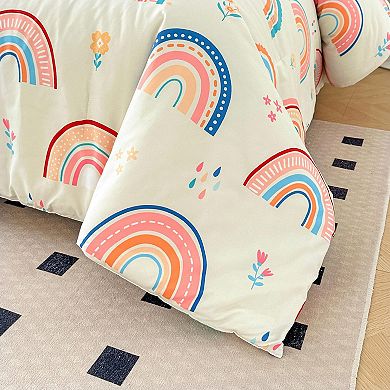 Soft 3D Printed 3 Piece Comforter Set with Pillow Shams: Rainbow Hearts, Flowers, Grass for Girls