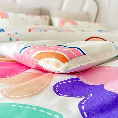 Soft 3D Printed 3 Piece Comforter Set with Pillow Shams: Rainbow Hearts, Flowers, Grass for Girls