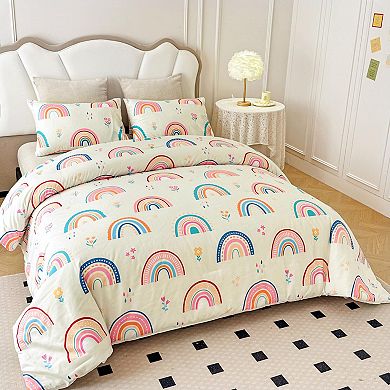 Soft 3D Printed 3 Piece Comforter Set with Pillow Shams: Rainbow Hearts, Flowers, Grass for Girls